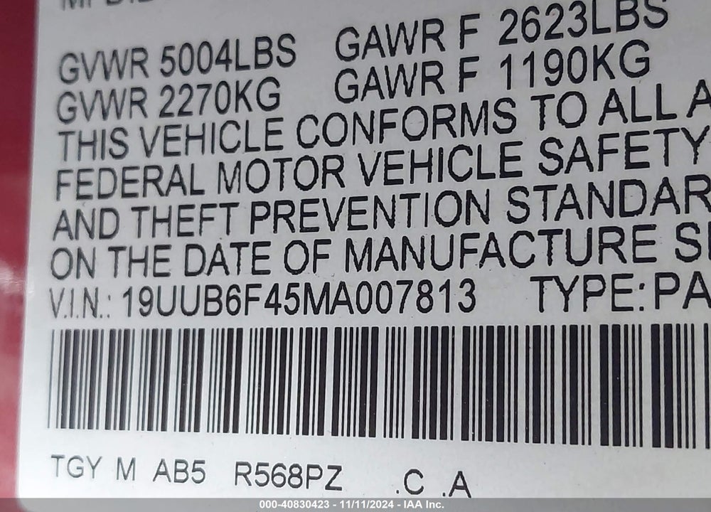 2021 ACURA TLX TECHNOLOGY PACKAGE VIN: 19UUB6F45MA007813