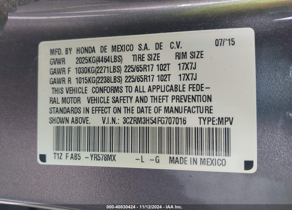 2015 HONDA CR-V EX VIN: 3CZRM3H54FG707016