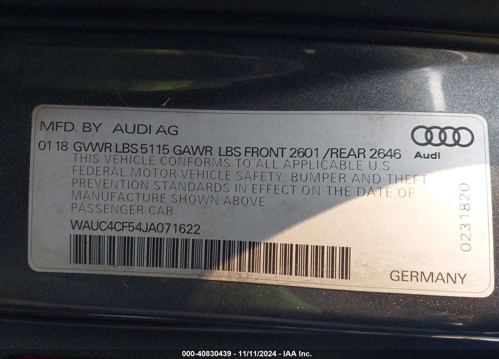 2018 AUDI S5 3.0T PREMIUM PLUS VIN: WAUC4CF54JA071622