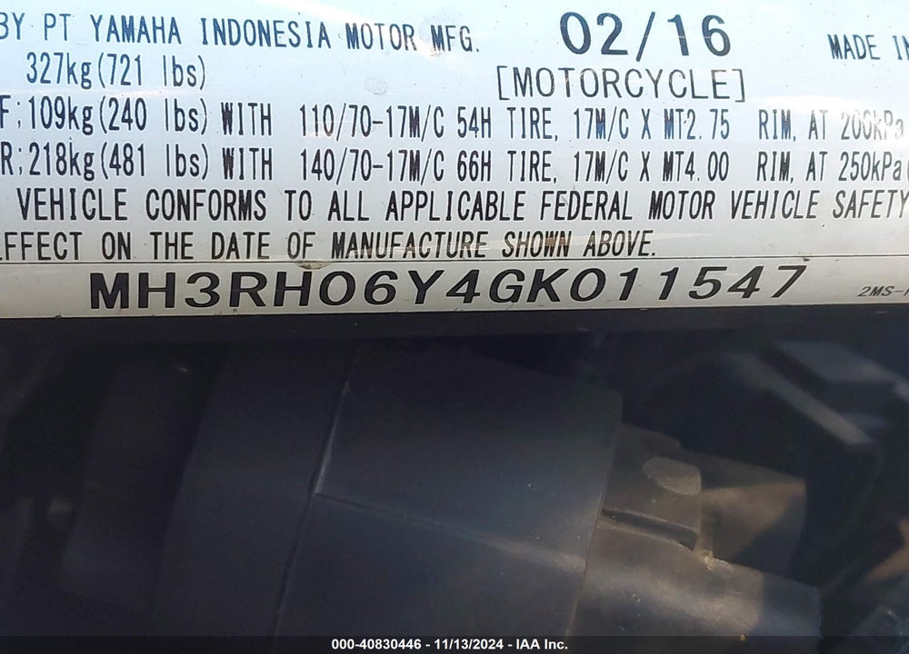 2016 YAMAHA YZFR3 VIN: MH3RH06Y4GK011547