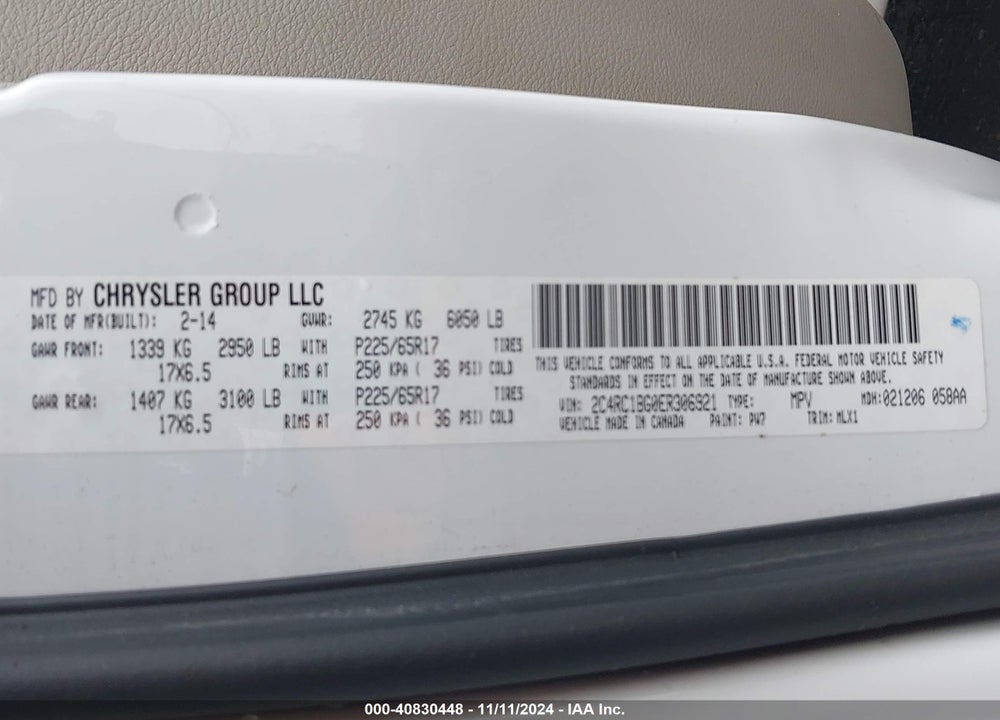 2014 CHRYSLER TOWN & COUNTRY TOURING VIN: 2C4RC1BG0ER306921