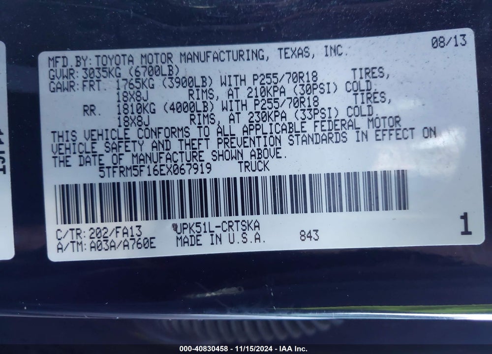 2014 TOYOTA TUNDRA SR 4.6L V8 VIN: 5TFRM5F16EX067919