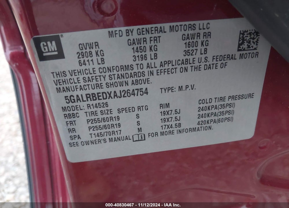 2010 BUICK ENCLAVE 1XL VIN: 5GALRBEDXAJ264754