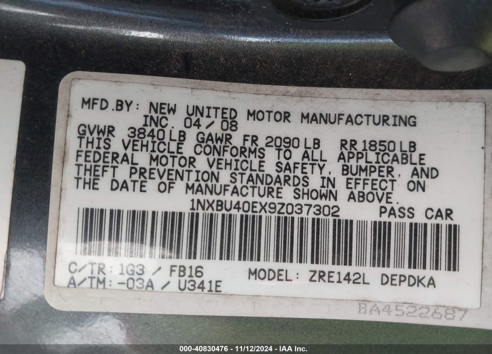 2009 TOYOTA COROLLA LE VIN: 1NXBU40EX9Z037302