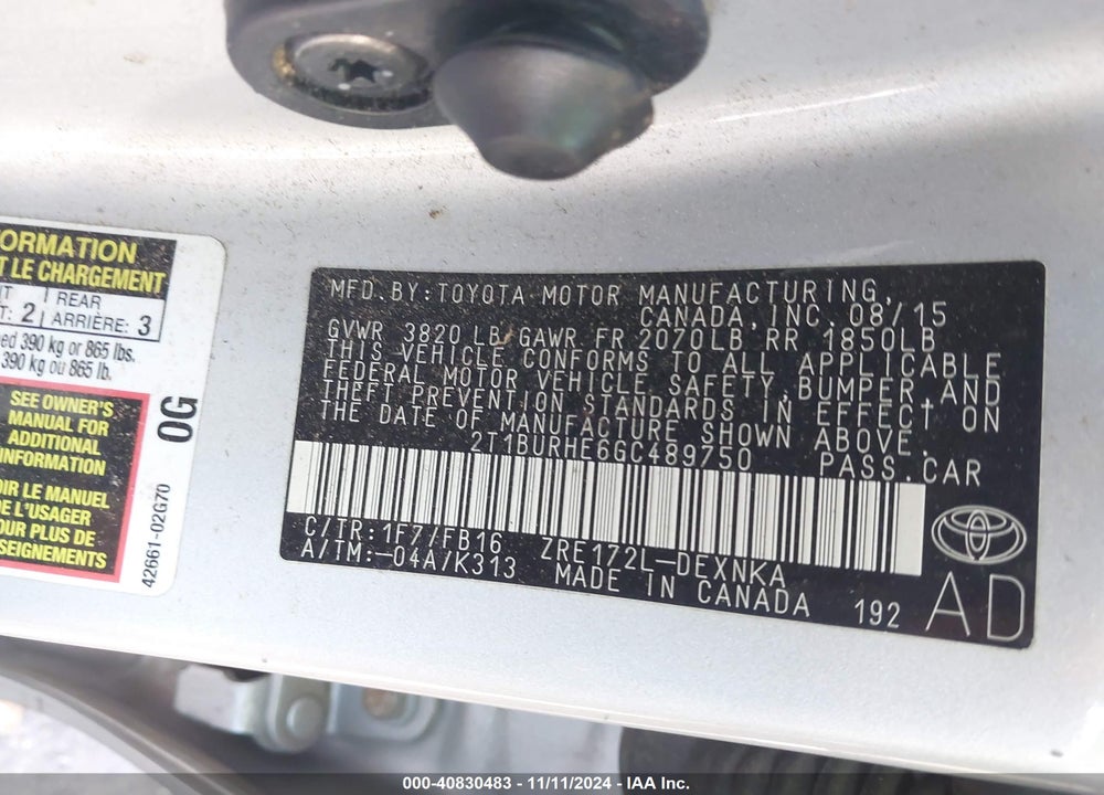 2016 TOYOTA COROLLA LE VIN: 2T1BURHE6GC489750