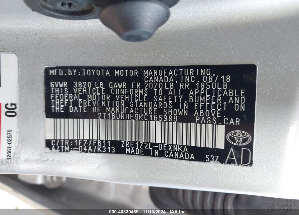 2019 TOYOTA COROLLA LE VIN: 2T1BURHE9KC165989