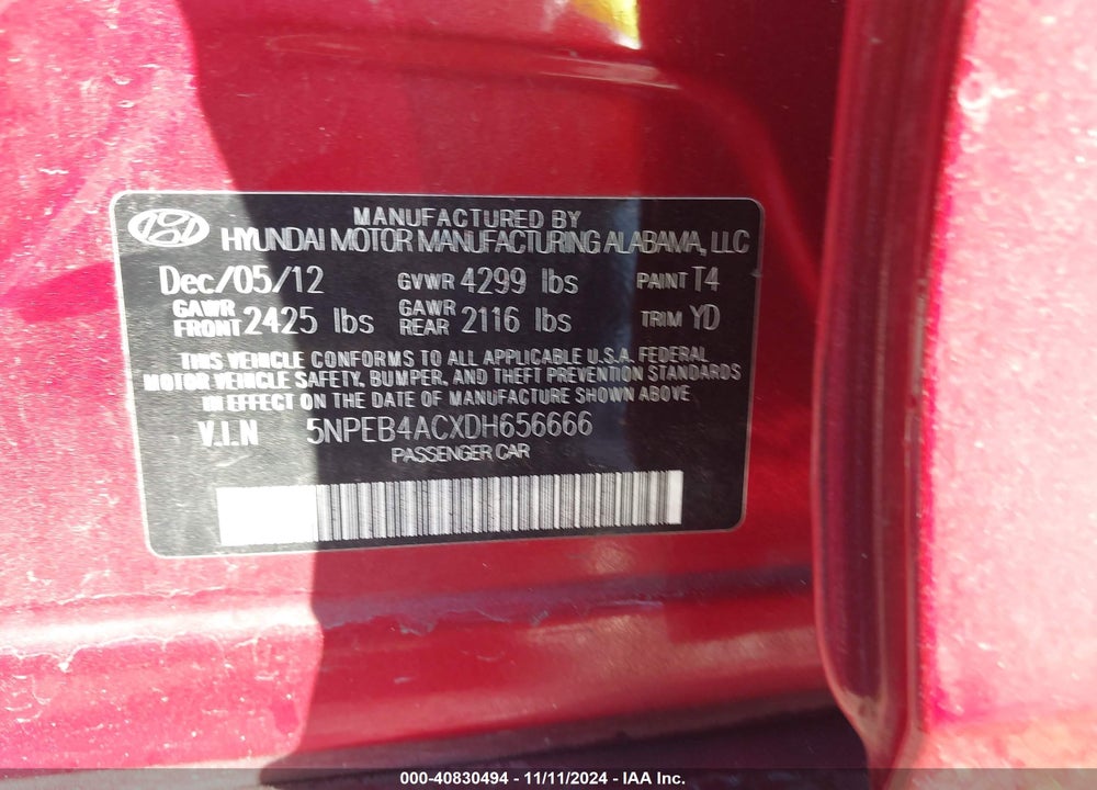 2013 HYUNDAI SONATA GLS VIN: 5NPEB4ACXDH656666