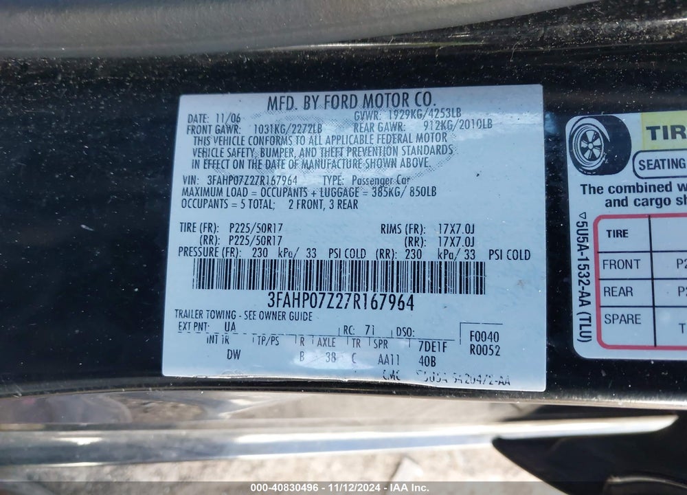 2007 FORD FUSION SE VIN: 3FAHP07Z27R167964