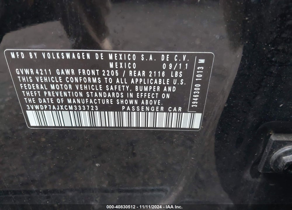 2012 VOLKSWAGEN JETTA 2.5L SE VIN: 3VWDP7AJXCM333723