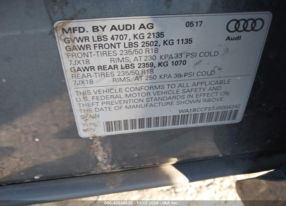 2018 AUDI Q3 2.0T PREMIUM/2.0T SPORT PREMIUM VIN: WA1BCCFS7JR004242