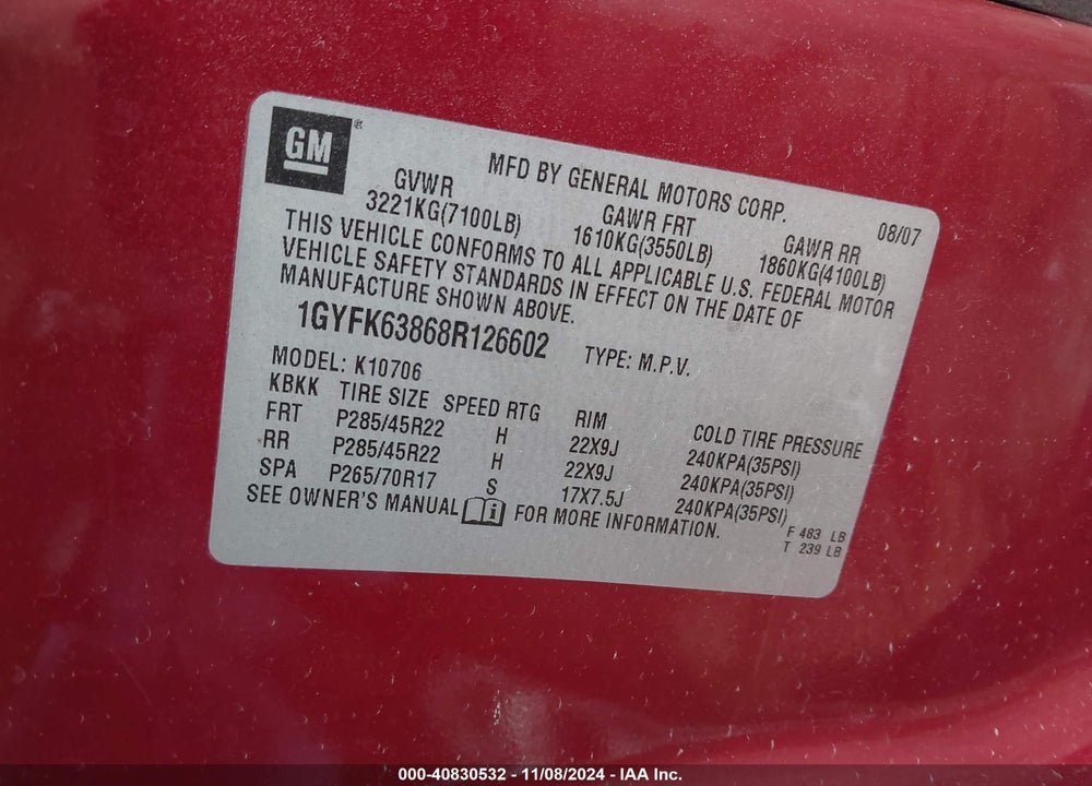 2008 CADILLAC ESCALADE STANDARD VIN: 1GYFK63868R126602