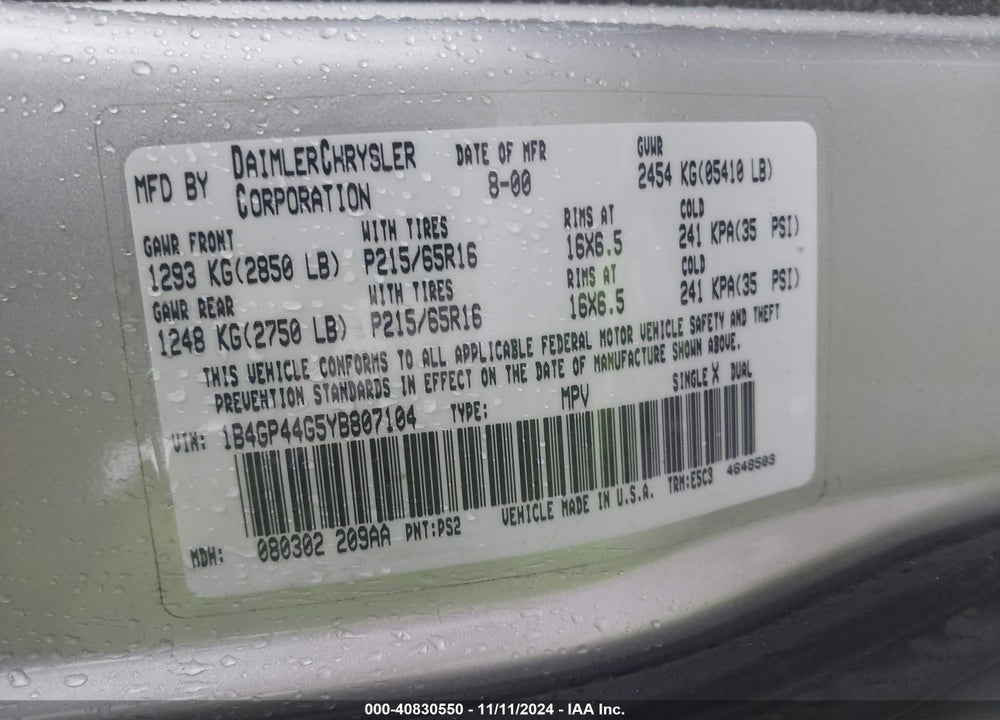 2000 DODGE GRAND CARAVAN SE VIN: 1B4GP44G5YB807104