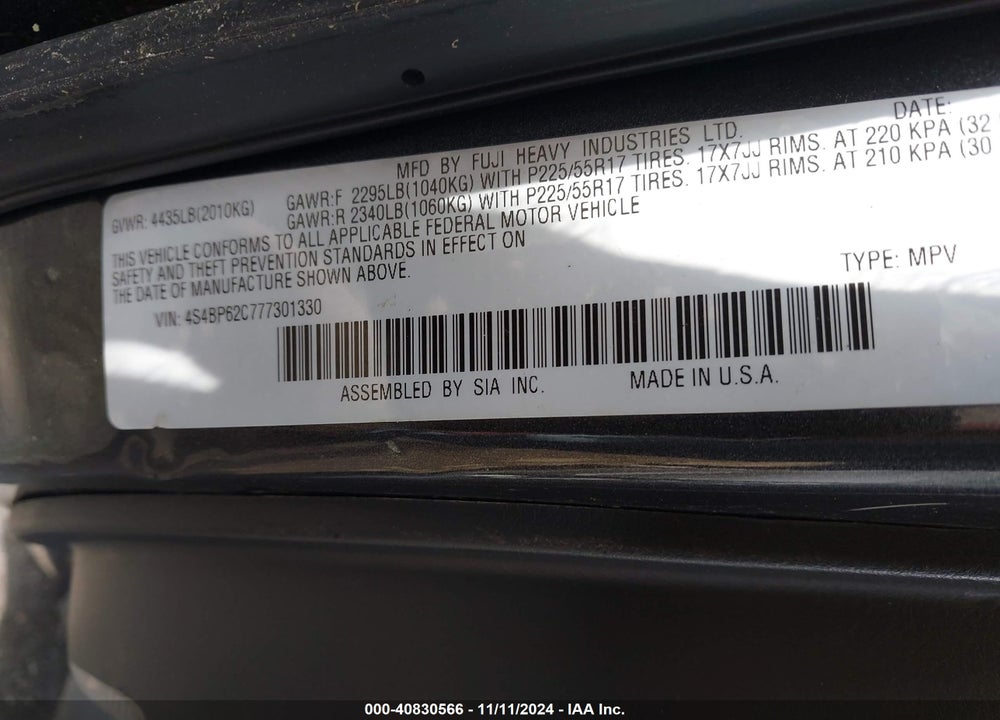 2007 SUBARU OUTBACK VIN: 4S4BP62C777301330
