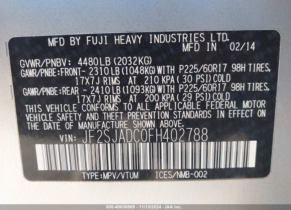 2015 SUBARU FORESTER 2.5I PREMIUM VIN: JF2SJADC0FH402788