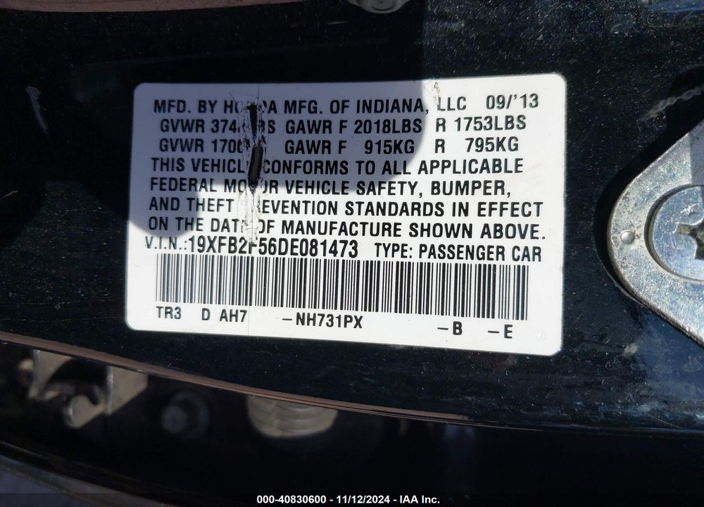 2013 HONDA CIVIC LX VIN: 19XFB2F56DE081473