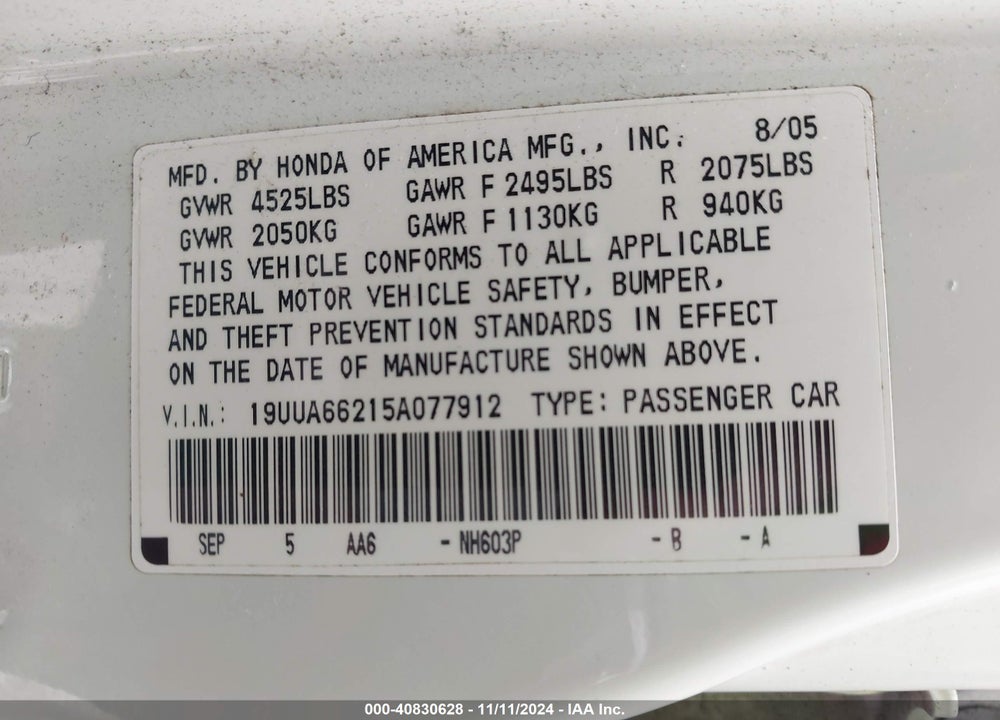 2005 ACURA TL BASE W/NAV SYSTEM (A5) VIN: 19UUA66215A077912