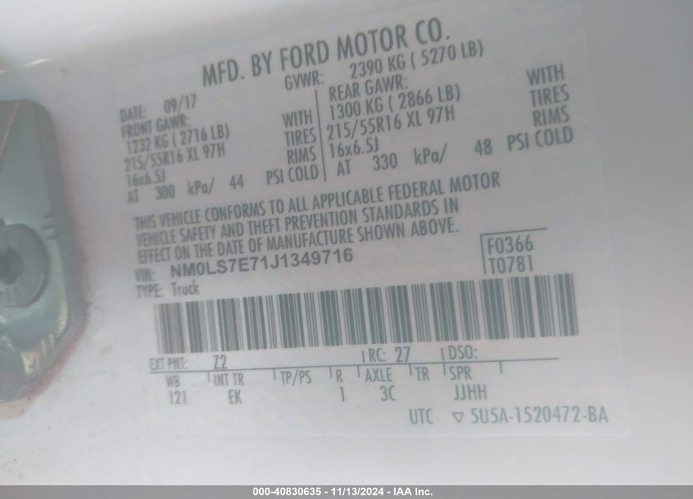 2018 FORD TRANSIT CONNECT XL VIN: NM0LS7E71J1349716