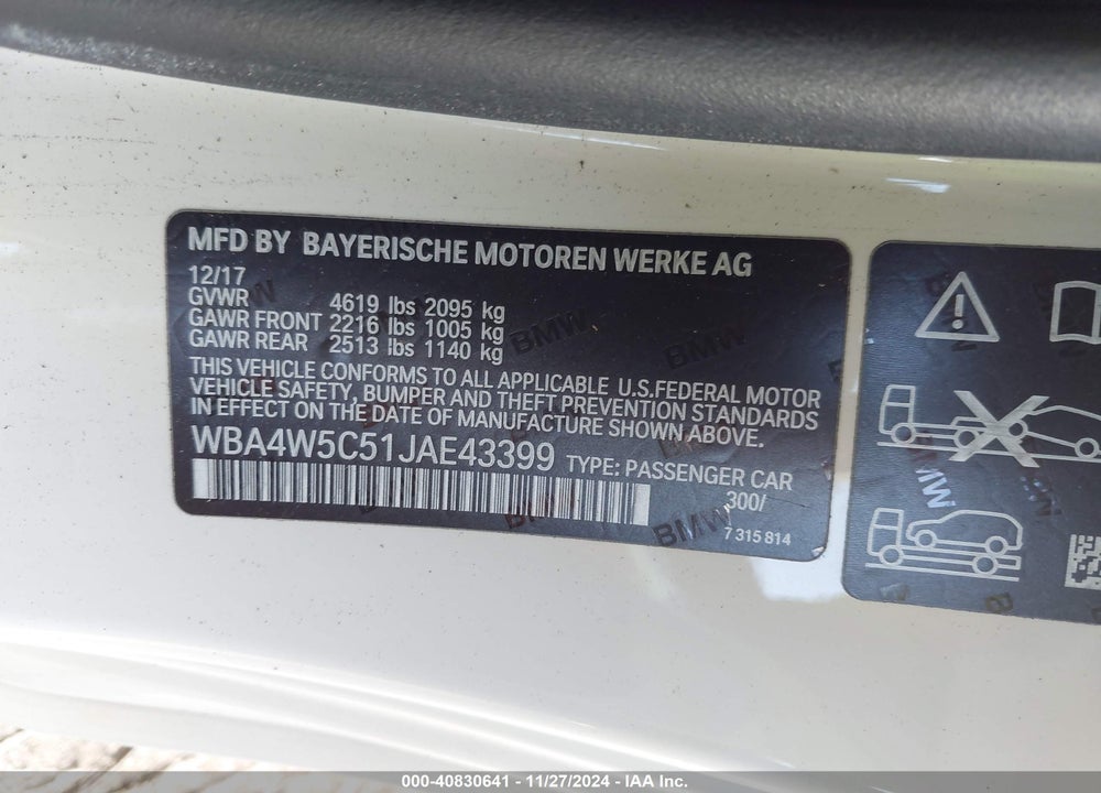 2018 BMW 430I XDRIVE VIN: WBA4W5C51JAE43399