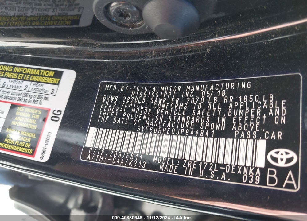 2018 TOYOTA COROLLA LE VIN: 5YFBURHE0JP844841