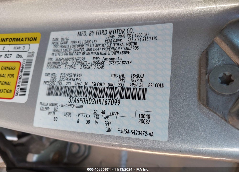 2017 FORD FUSION SE VIN: 3FA6P0HD2HR167099