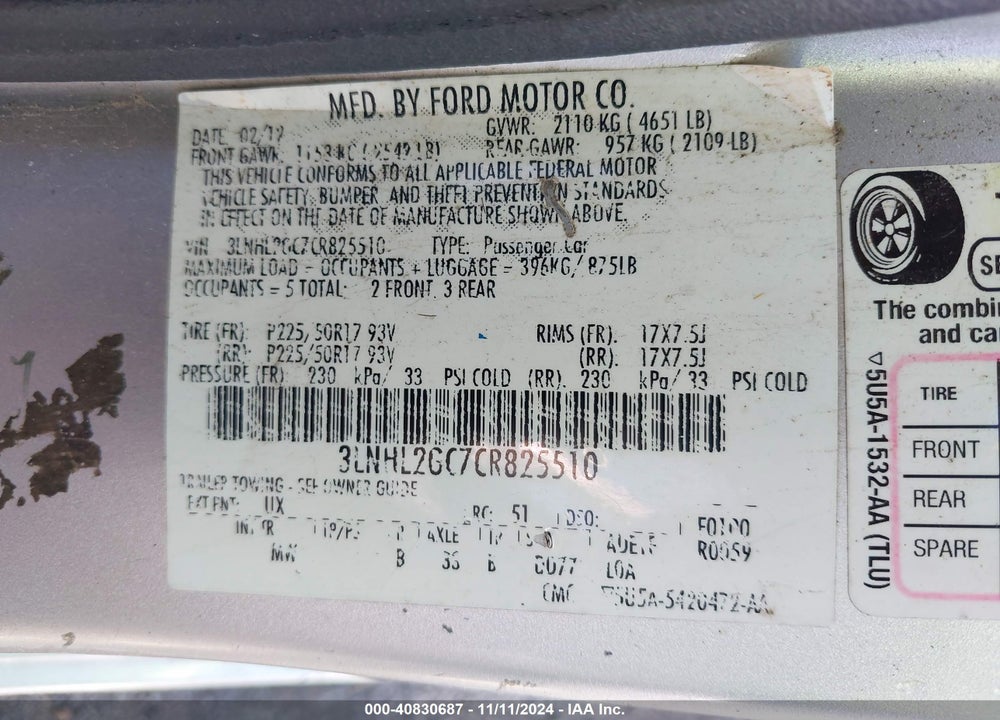2012 LINCOLN MKZ VIN: 3LNHL2GC7CR825510