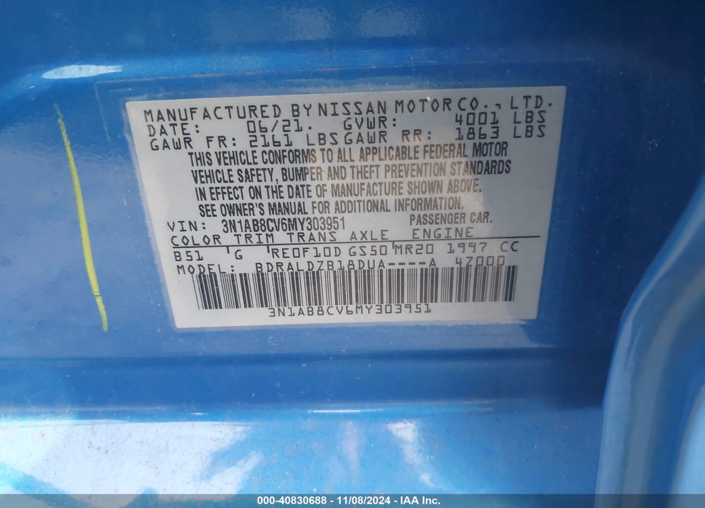 2021 NISSAN SENTRA SV XTRONIC CVT VIN: 3N1AB8CV6MY303951