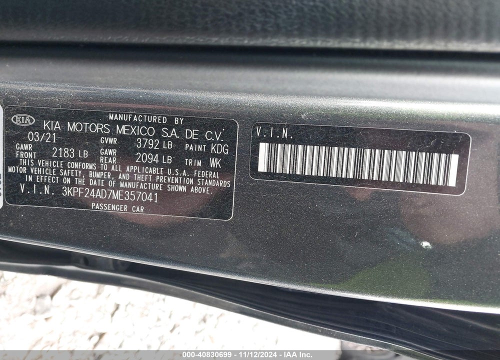 2021 KIA FORTE LXS VIN: 3KPF24AD7ME357041