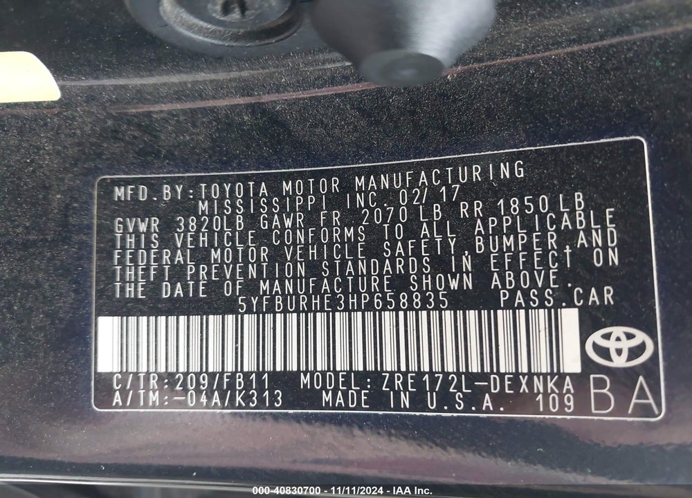 2017 TOYOTA COROLLA VIN: 5YFBURHE3HP658835