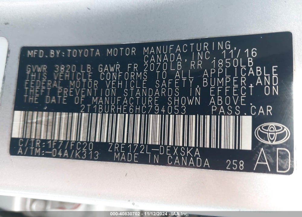 2017 TOYOTA COROLLA L/LE/XLE/SE/XSE VIN: 2T1BURHE6HC794053