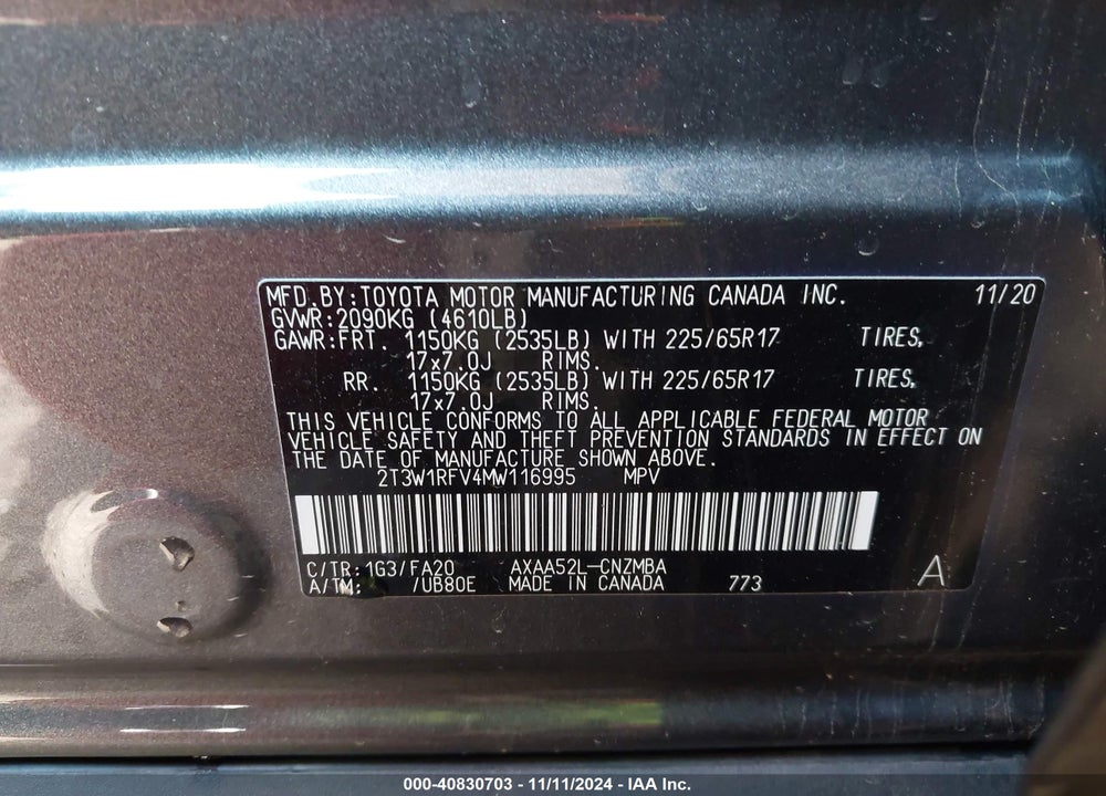 2021 TOYOTA RAV4 XLE VIN: 2T3W1RFV4MW116995