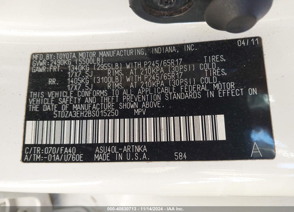 2011 TOYOTA HIGHLANDER SE VIN: 5TDZA3EH2BS015250