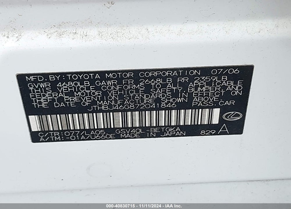 2007 LEXUS ES 350 VIN: JTHBJ46G872041846