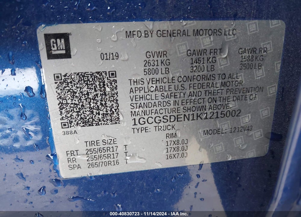 2019 CHEVROLET COLORADO Z71 VIN: 1GCGSDEN1K1215002