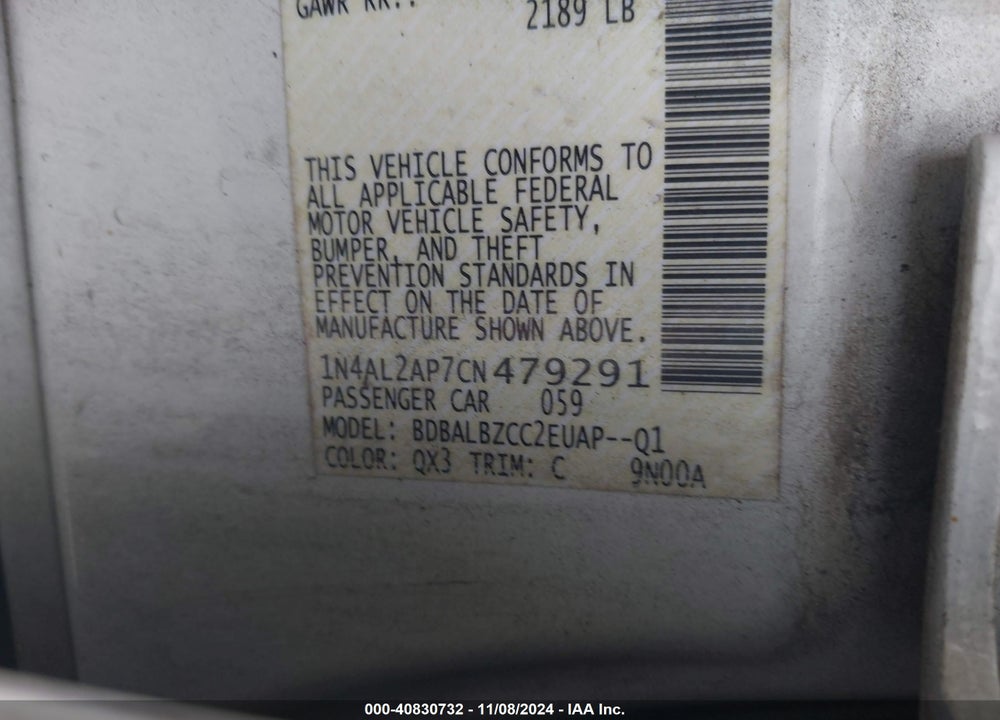 2012 NISSAN ALTIMA 2.5 S VIN: 1N4AL2AP7CN479291