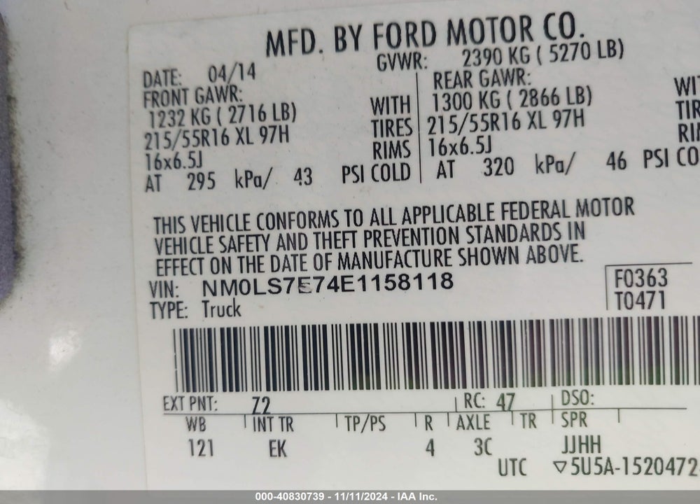 2014 FORD TRANSIT CONNECT XL VIN: NM0LS7E74E1158118