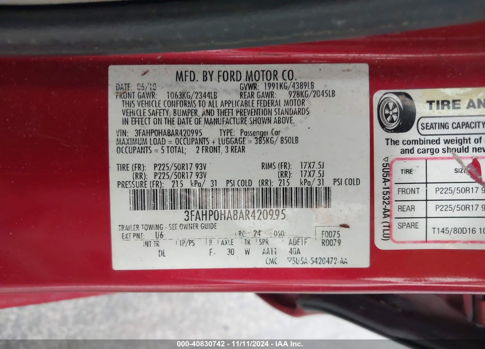 2010 FORD FUSION SE VIN: 3FAHP0HA8AR420995