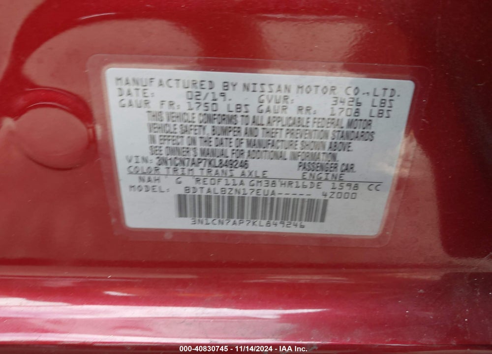 2019 NISSAN VERSA 1.6 SV VIN: 3N1CN7AP7KL849246