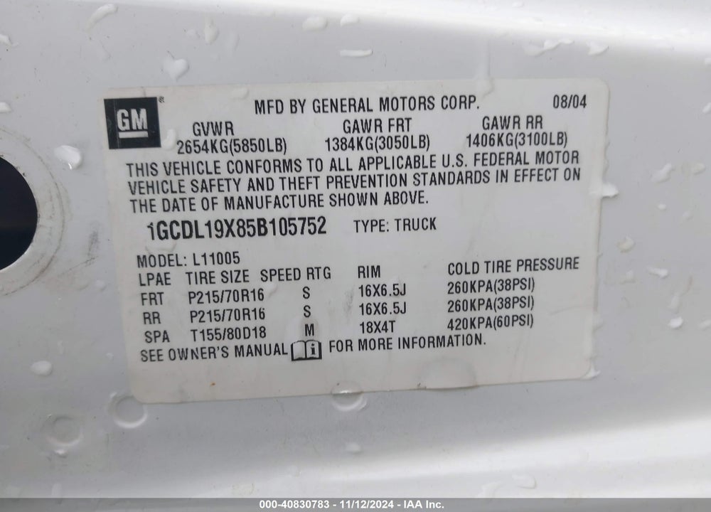 2005 CHEVROLET ASTRO VIN: 1GCDL19X85B105752