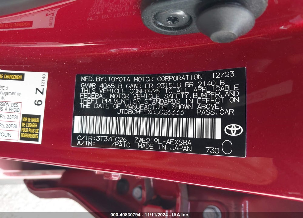 2024 TOYOTA COROLLA HYBRID SE VIN: JTDBCMFEXRJ026333