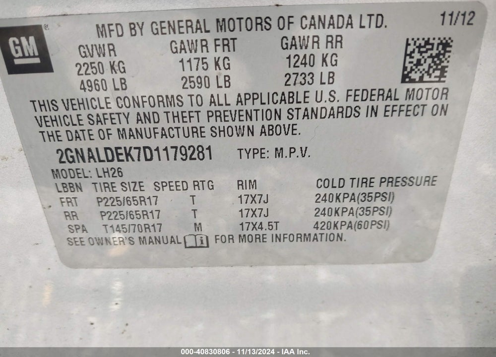2013 CHEVROLET EQUINOX 1LT VIN: 2GNALDEK7D1179281