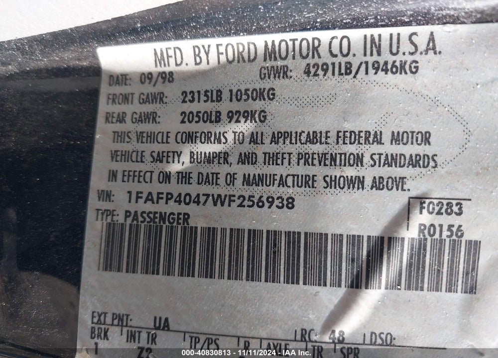 1998 FORD MUSTANG VIN: 1FAFP4047WF256938