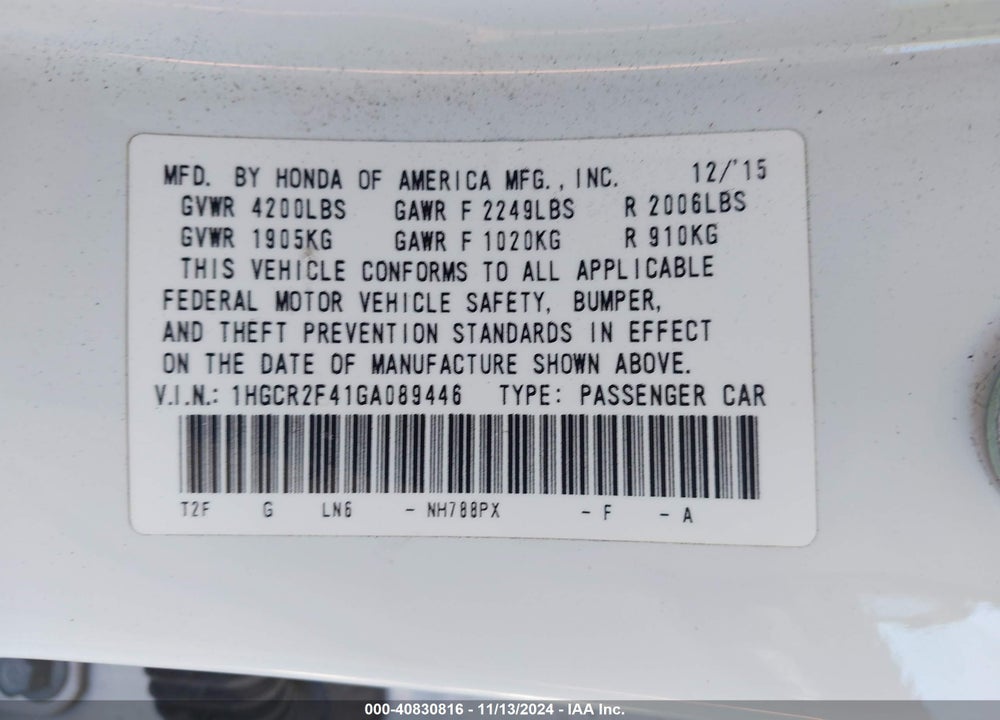2016 HONDA ACCORD LX VIN: 1HGCR2F41GA089446