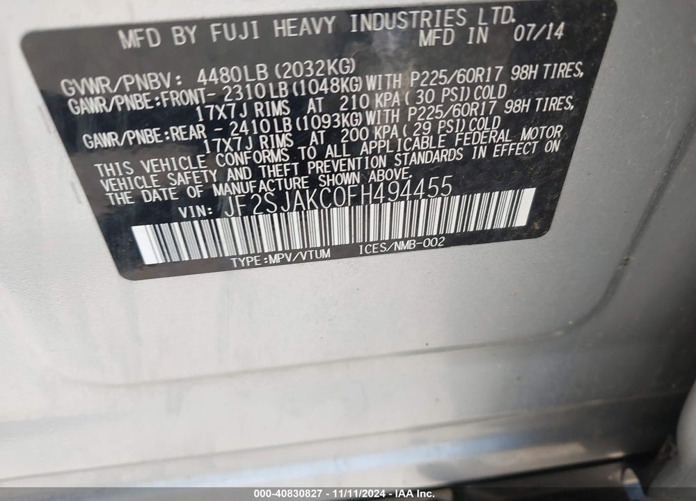 2015 SUBARU FORESTER 2.5I LIMITED VIN: JF2SJAKC0FH494455