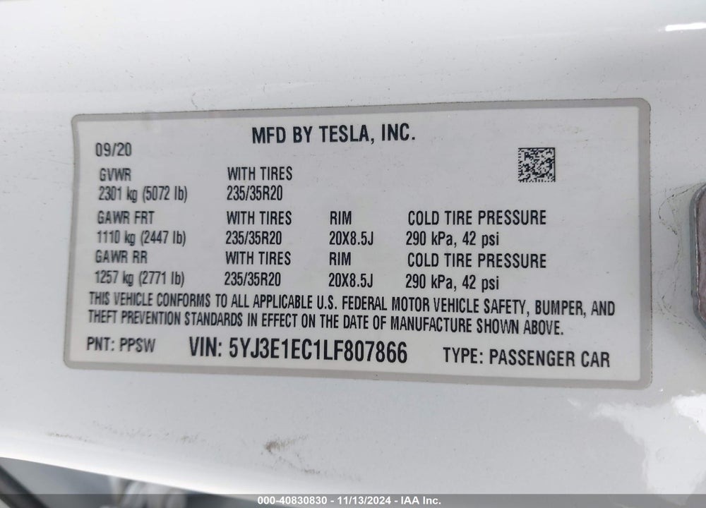 2020 TESLA MODEL 3 PERFORMANCE DUAL MOTOR ALL-WHEEL DRIVE VIN: 5YJ3E1EC1LF807866