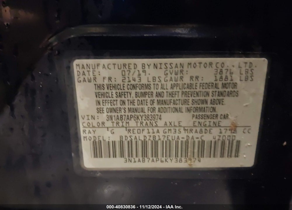 2019 NISSAN SENTRA SV VIN: 3N1AB7AP6KY383974