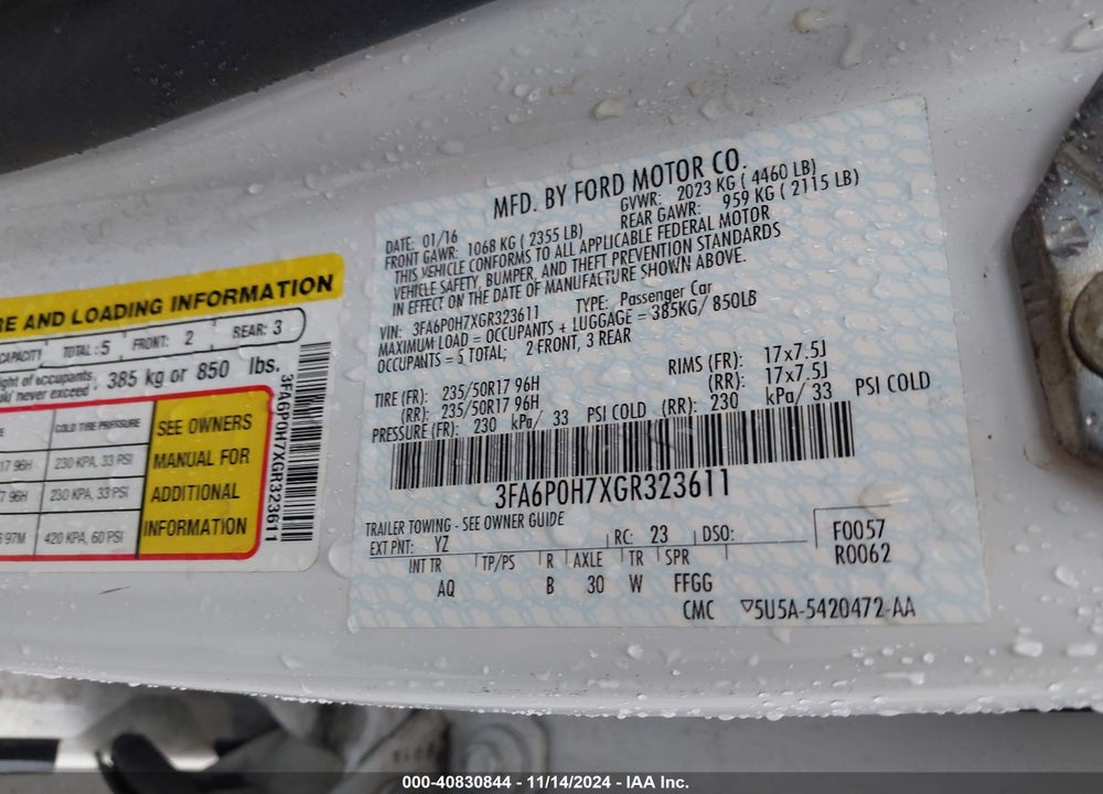 2016 FORD FUSION SE VIN: 3FA6P0H7XGR323611