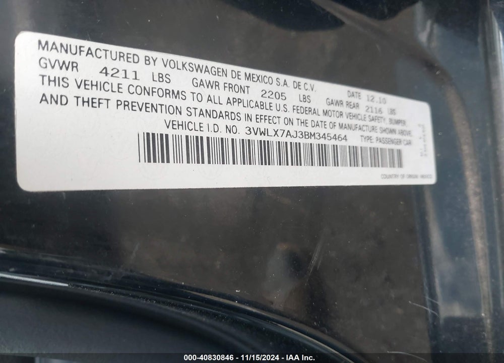 2011 VOLKSWAGEN JETTA 2.5L SEL VIN: 3VWLX7AJ3BM345464