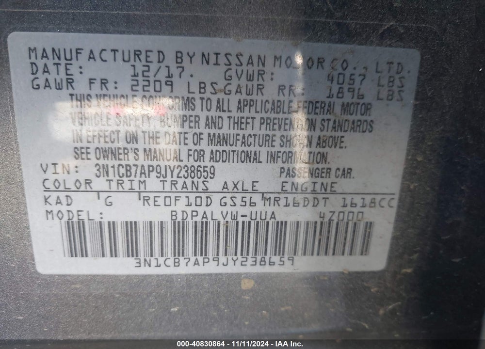 2018 NISSAN SENTRA NISMO VIN: 3N1CB7AP9JY238659