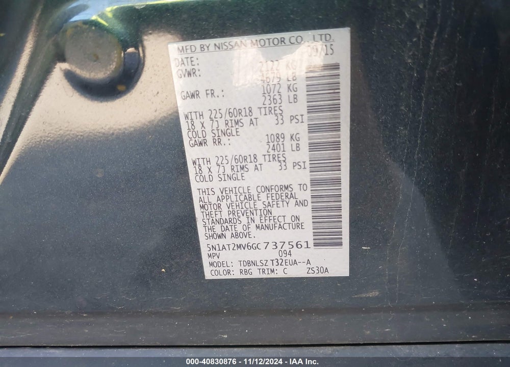2016 NISSAN ROGUE SL VIN: 5N1AT2MV6GC737561