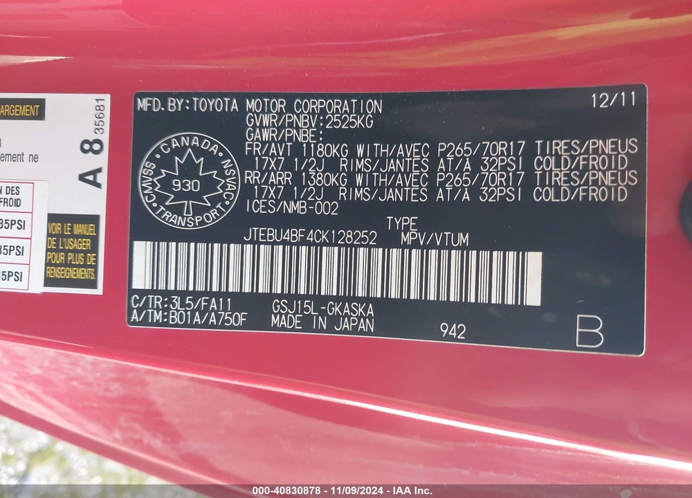 2012 TOYOTA FJ CRUISER VIN: JTEBU4BF4CK128252